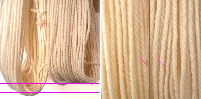 Comparing length and twist of washed, relaxed skeins.